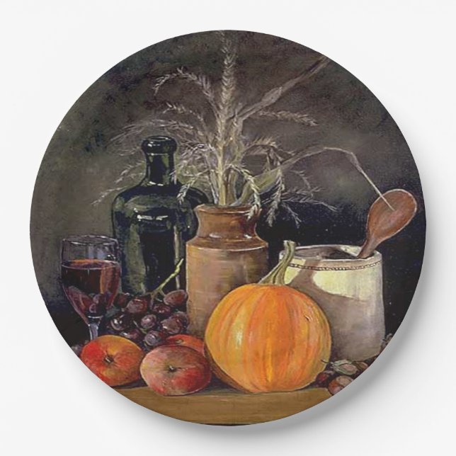 Herbstdekorationen am Tisch, Kürbis, Früchte, Getr Pappteller (Vorderseite)