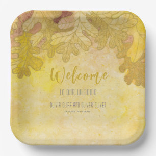Herbsteiche Blätter Hochzeit Willkommen Pappteller
