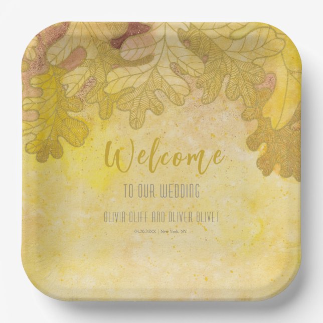 Herbsteiche Blätter Hochzeit Willkommen Pappteller (Vorderseite)