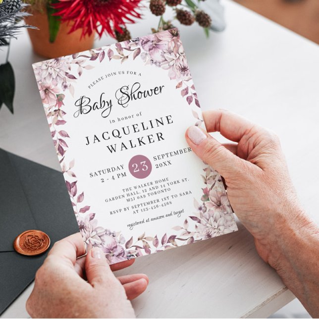 Herbstelegante violette Blumen Foliage Babydusche Einladung (Von Creator hochgeladen)