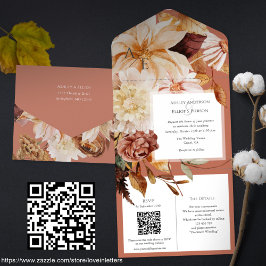 Herbsteleganz, Hochzeit im Herbst einladen mit QR- All In One Einladung