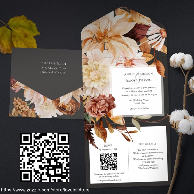 Herbsteleganz, Hochzeit im Herbst einladen mit QR- All In One Einladung (All-in-one Fall wedding invitation with QR code rsvp and details card. Autumn wedding invitations)