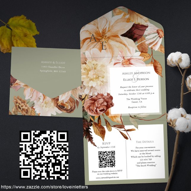 Herbsteleganz, Hochzeit im Herbst einladen mit QR- All In One Einladung (All-in-one, watercolor floral Fall wedding invitation with QR code rsvp. Sage green Autumn invites.)