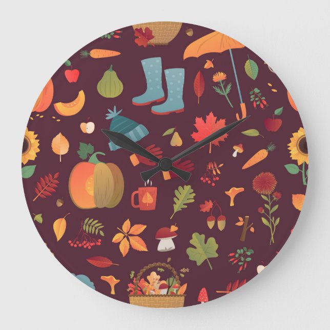 Herbstelemente, dunkler Hintergrund, Vintag Große Wanduhr (Vorderseite)