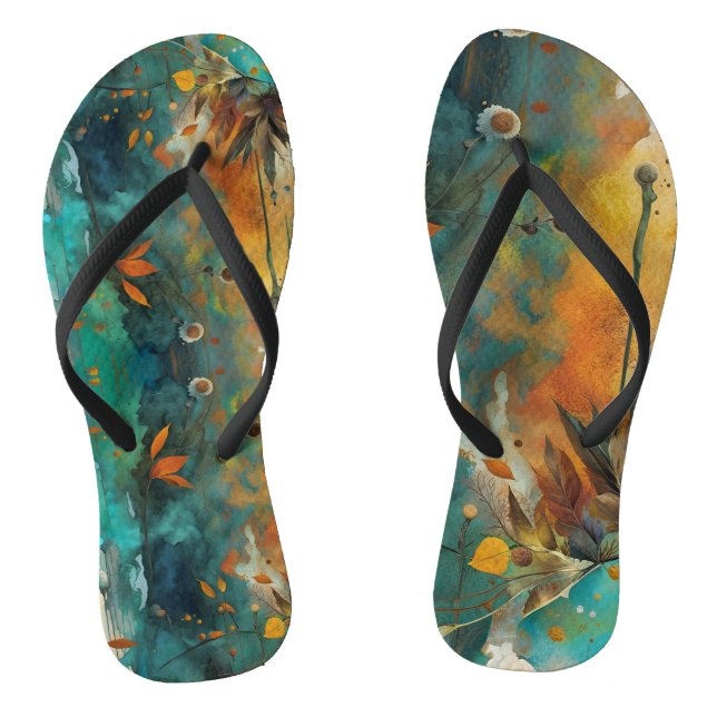 Herbsternte Aquamarine Rostgold Abstrakt Flip Flops (Fußbett)