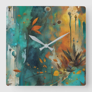Herbsternte Aquamarine Rostgold Abstrakt Quadratische Wanduhr