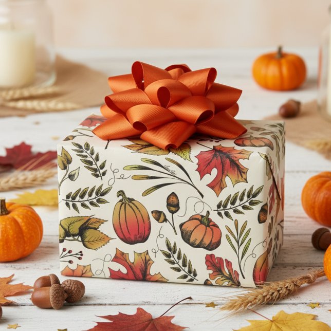 Herbsternte Pumpkins, Acorns und Herbstlaub Geschenkpapier (Rustic Fall Harvest Pumpkin, Autumn Leaves & Berries Gift Wrap. October Birthdays or Thanksgiving )