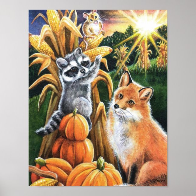 Herbsternte Red Fox Raccoon Wasserfarbe 11x14 Poster (Vorne)