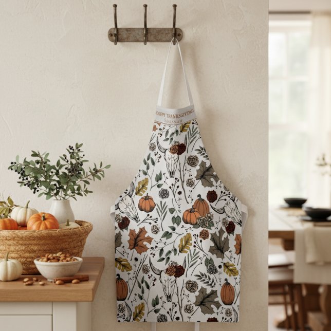 Herbsternte und Horns Erntedank Light Grau Schürze (Give Thanks with this Cow Skull Fall Harvest Thanksgiving Dinner Party Autumn Colors Apron for Chef)