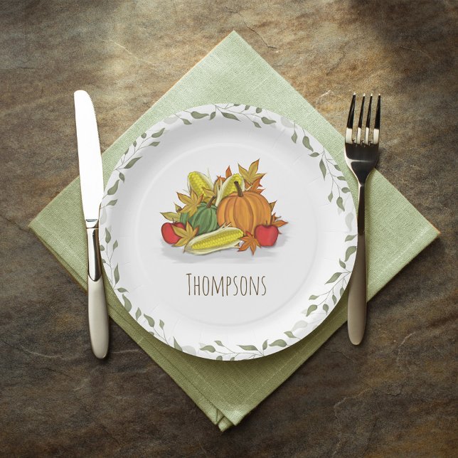 Herbsternte Wasserfarbe Elegant Personalisiert  Pappteller (Fall Harvest Personalized Paper Plate.)
