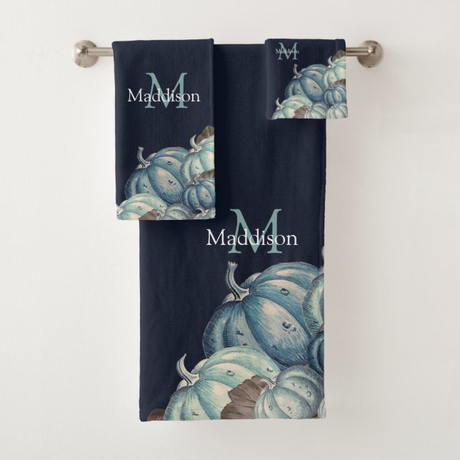 Herbstfall Blue Watercolor Pumpkin Rustikale Marin Badhandtuch Set (Insitu)