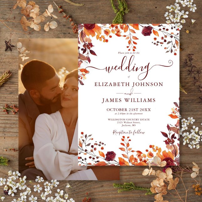 Herbstfall Blumenzwiebeln Blätter Foto Hochzeit Einladung (Autumn Fall Floral Leaves Photo Wedding Invitation)