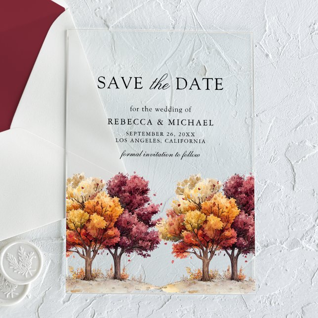 Herbstfall Burgund Bäume Hochzeit speichern das Da Acryleinladungen (Von Creator hochgeladen)