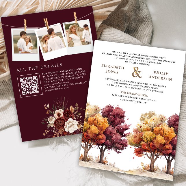 Herbstfall Burgundy Trees Foto QR Code Hochzeit Einladung (Von Creator hochgeladen)