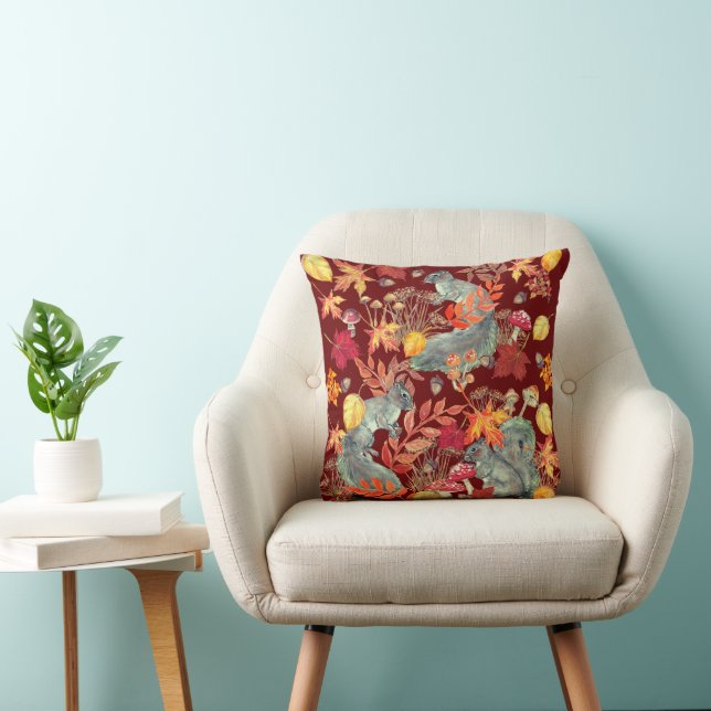 Herbstfall Eichhörnchen Leaf Pilz Acorn Burgund Kissen (Stuhl )