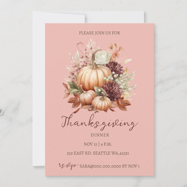Herbstfall Floral Pumpkins Erntedank Abendessen Einladung (Vorderseite)