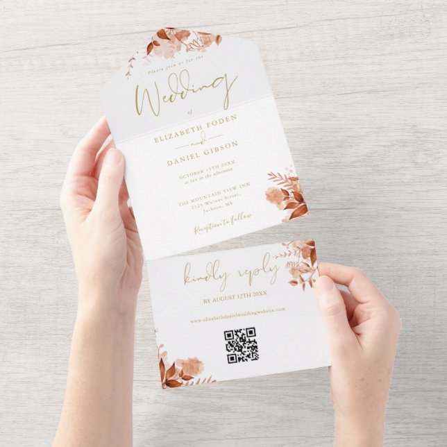 Herbstfall floraler QR Code Goldhochzeit All In One Einladung (Abreißen)