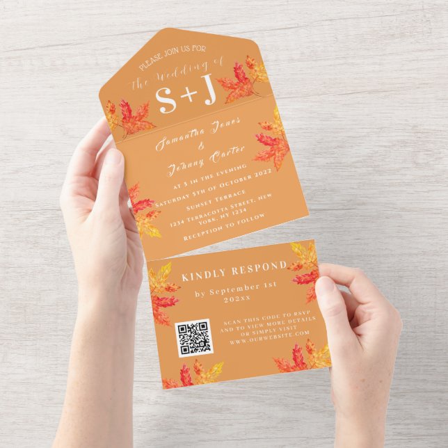 Herbstfall Leaf Burnt Orange QR Code Hochzeit RSVP All In One Einladung (Abreißen)