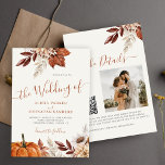 Herbstfall QR Code boho botanische Hochzeit Einladung<br><div class="desc">Moderne rustikale botanische Blume,  Kürbis,  Blätter und getrocknete Blätter machen ein elegantes Herbstbudget erschwinglich,  alles in einer weißen Hochzeitseinladung mit einer angesagten handgeschriebenen Kalligraphie-Schrift und erdigen Terracotta beige Farbpalette.                    Persönlich mit Ihrem Foto und QR-Code auf Ihrer Website oder auf der UAWG online.</div>
