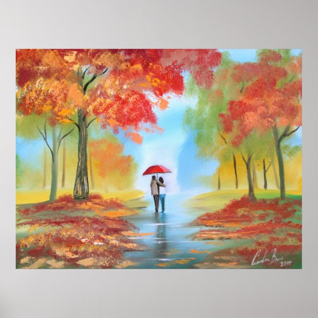 Herbstfall Regentag romantisches Wanderpaar Poster (Vorne)