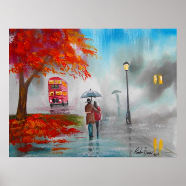 Herbstfall Regentag Rotes Buspaar Poster (Vorne)