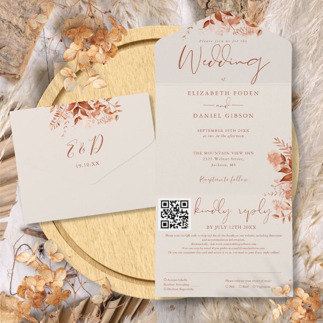 Herbstfall Rustikaler QR-Code Hochzeit All In One Einladung (Autumn Fall Rustic Floral QR Code Wedding All In One Invitation)