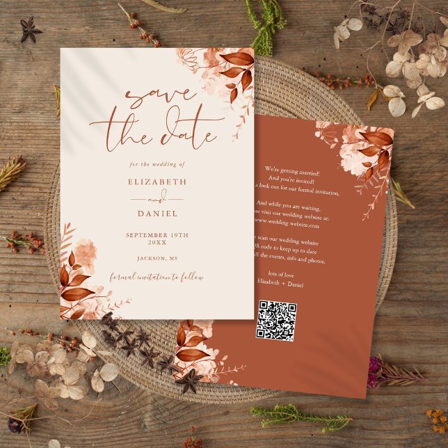 Herbstfall Rustikaler QR-Code Hochzeit Save The Date (Autumn Fall Rustic Floral QR Code Wedding Save The Date)