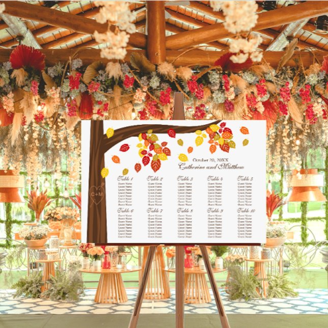 Herbstfallendes Blätter Hochzeitstabelle Poster (Autumn falling leaves wedding seating chart.)