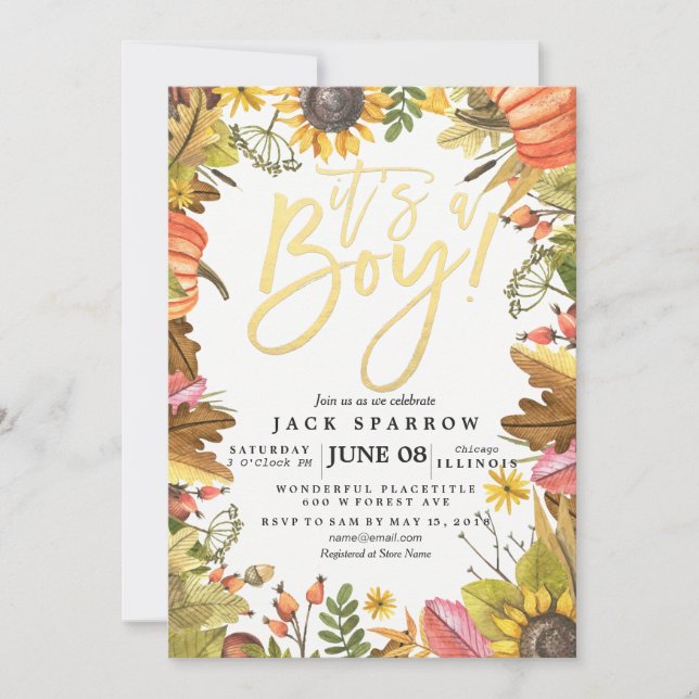 Herbstfallkarte Blätter Pumpkin Baby Duschkarten Einladung (Vorderseite)