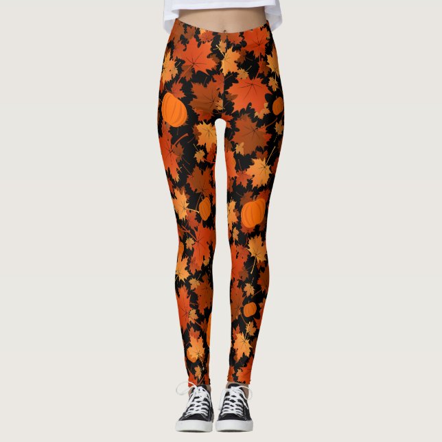 Herbstfarben Ahorn-Blätter und Kürbismuster Leggings (Vorderseite)
