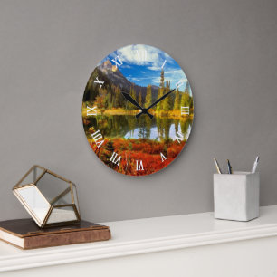 Herbstfarben der Forest Lake Berge Aquarell Kunst Große Wanduhr