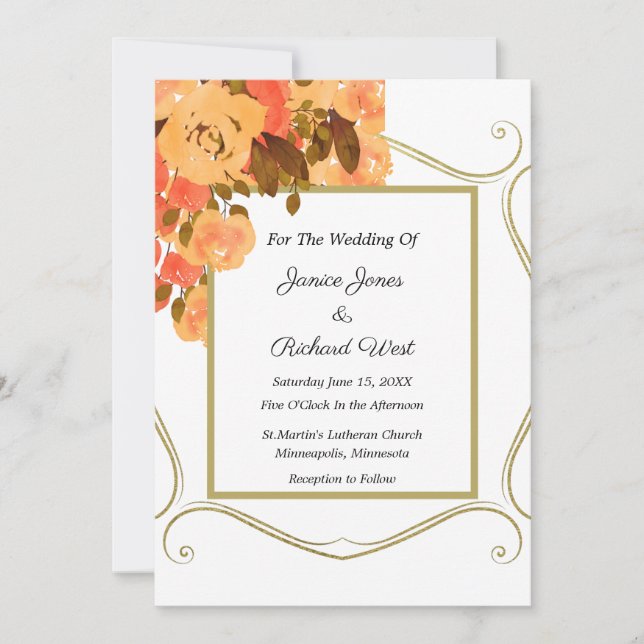 Herbstfarben Peach Gold Floral Frame Hochzeit Einladung (Vorderseite)