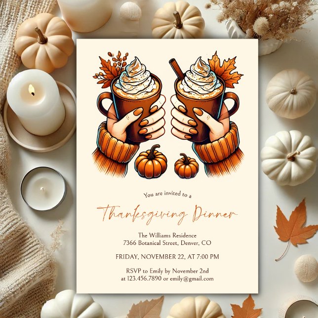 Herbstfarben Pumpkin Gewürz Erntedank Abendessen Einladung (Cozy Watercolor Fall Colors Pumpkin Spice Latte Thanksgiving Dinner Invitation)