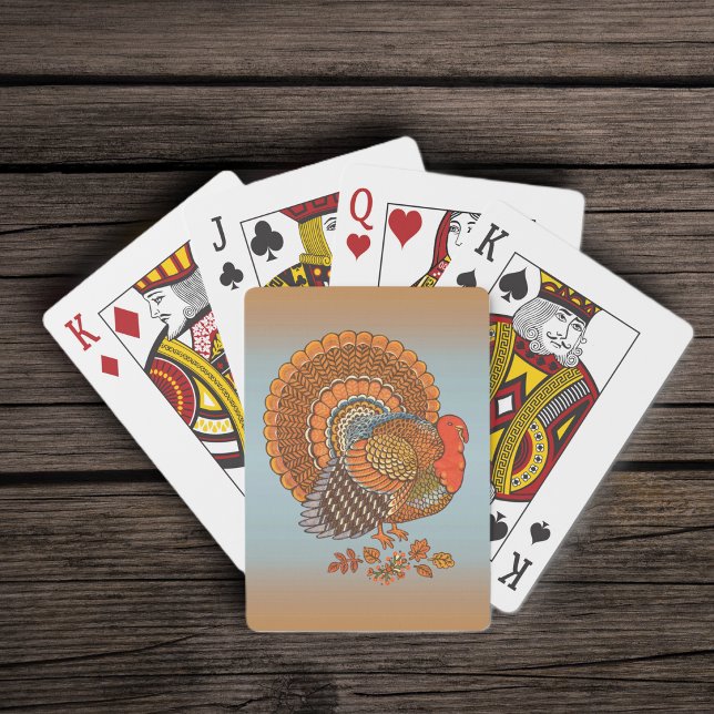 Herbstfarben Türkei Blätter Erntedank Spielkarten (Male turkey fanned tail colourful Autumn coloured feathers leaves on orange blue deck playing cards.)