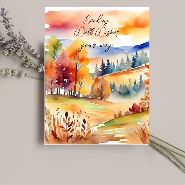 Herbstfelder Herbstwasserfarbenwelt Wünsche Postkarte (Fall watercolor landscape well wishes postcard autumn fields colorful scenery )