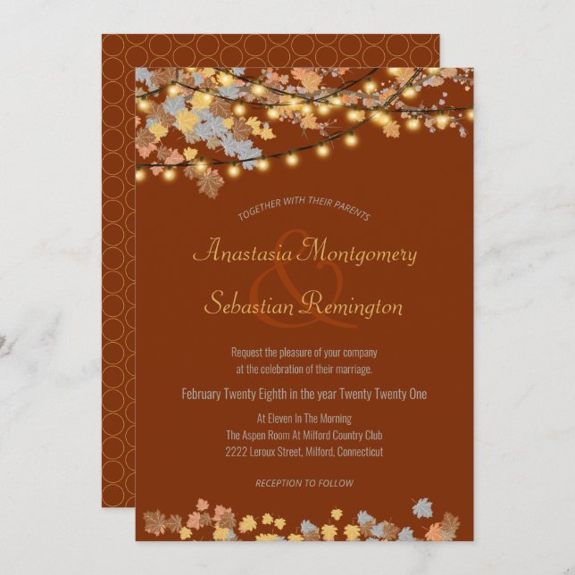 Herbstfest lässt Vintage Lichter Hochzeit feiern Einladung (Vorne/Hinten)