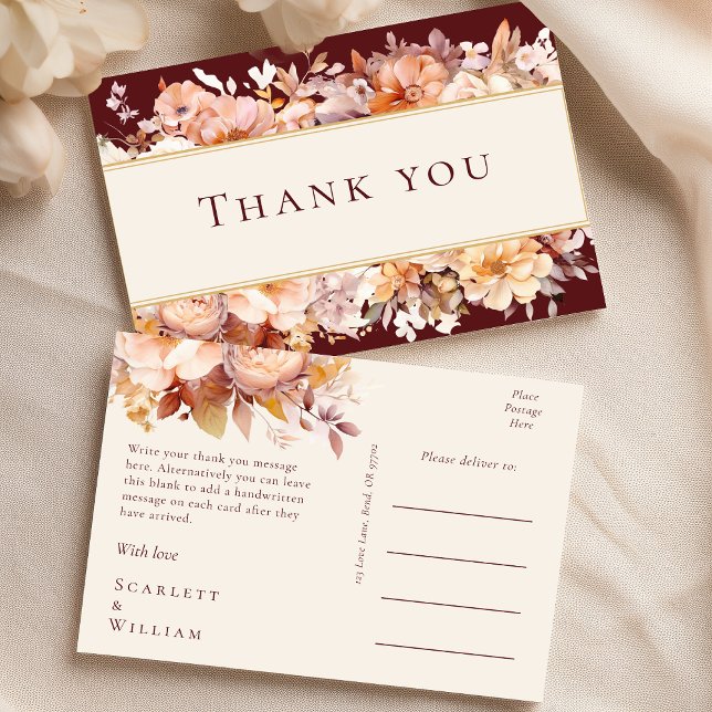 Herbstfloral Burgundy Cream Wedding Vielen Dank Postkarte (Von Creator hochgeladen)