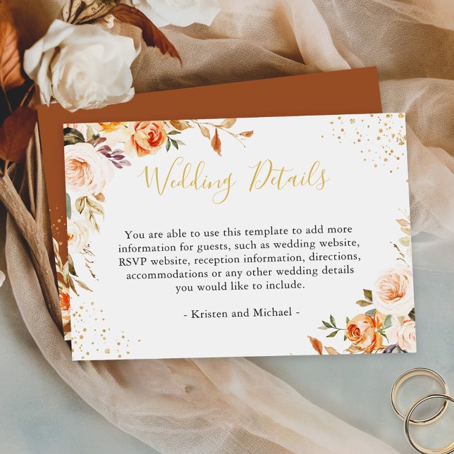 Herbstflorale Blätter Gold Glitzer Hochzeitdetails Begleitkarte (Von Creator hochgeladen)