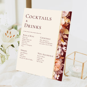 Herbstflorale Burgundercreme Hochzeitgetränke Bar Sockelschild