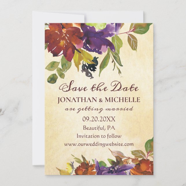 Herbstflorale Lila Orange Inspiration Hochzeit Save The Date (Vorderseite)