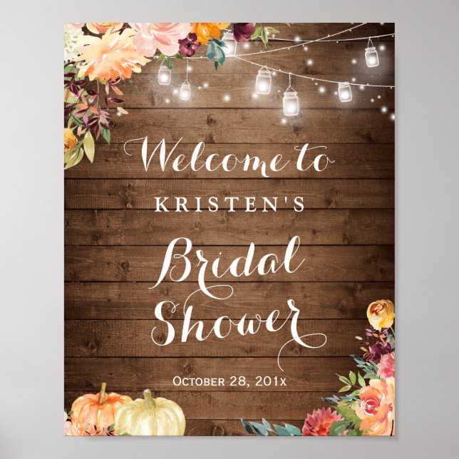 Herbstflorale Mason Jar Lights Brautparty Zeichen Poster (Vorne)