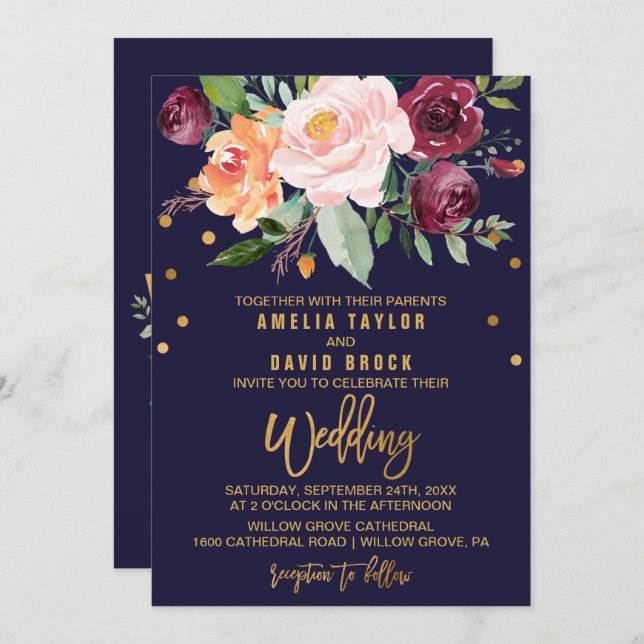 Herbstflorale mit Typografie-Backing-Hochzeit Einladung (Vorne/Hinten)