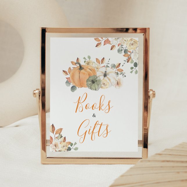 Herbstflorale Pumpkin Baby Duschbücher und Geschen Poster (Autumn Pumpkin Baby Shower Books and Gifts Sign)