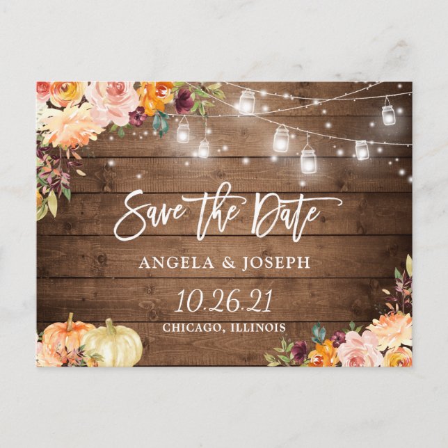Herbstflorale Pumpkins String Lights Save the Date Einladungspostkarte (Vorderseite)