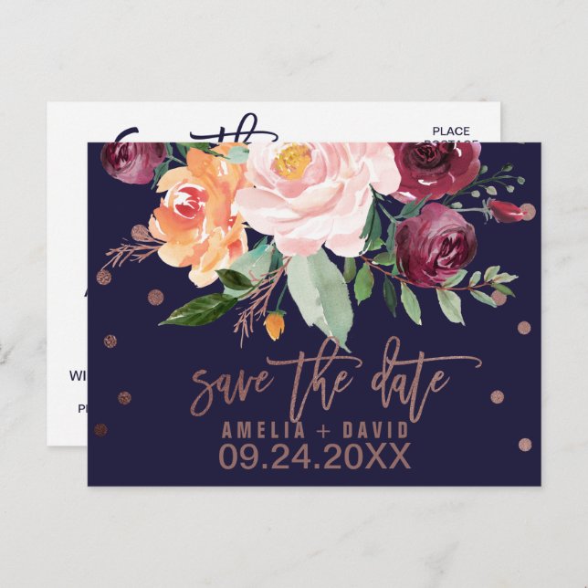 Herbstflorale Rose Gold Save the Date Ankündigungspostkarte (Vorne/Hinten)