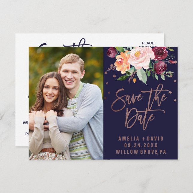 Herbstflorale Rose Gold Save the Date Foto Ankündigungspostkarte (Vorne/Hinten)