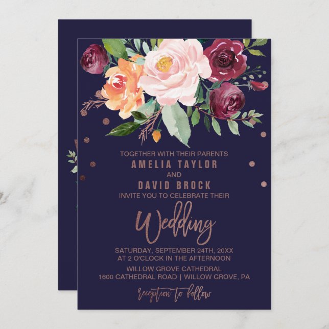 Herbstflorale Rose Goldtypografie-Hochzeit Einladung (Vorne/Hinten)