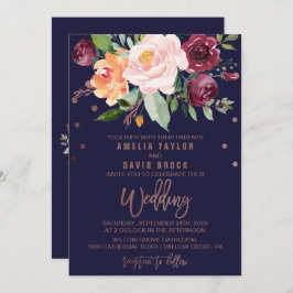 Herbstflorale Rose Goldtypografie-Hochzeit Einladung