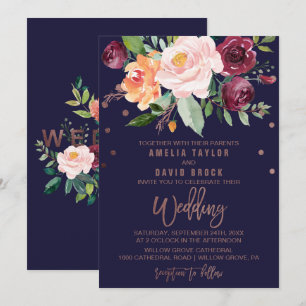 Herbstflorale Rose Goldtypografie-Hochzeit Einladung