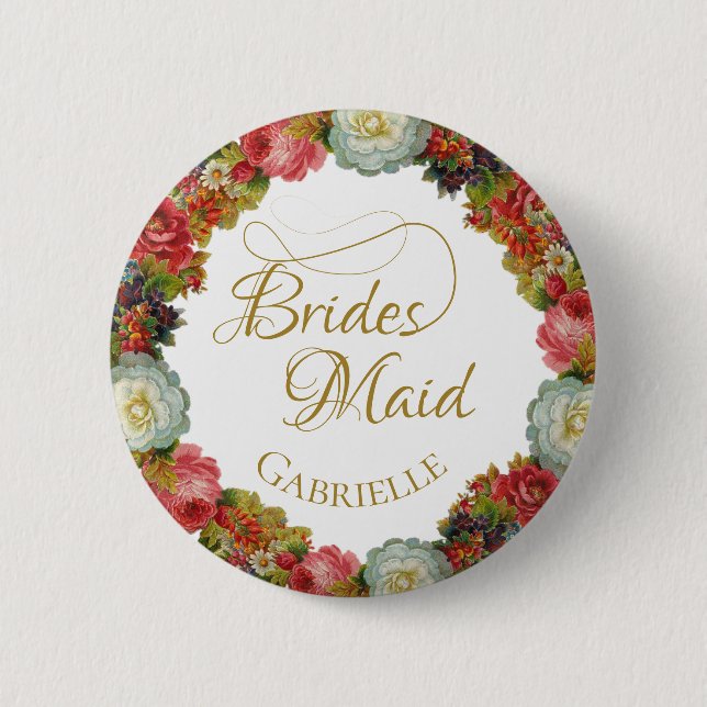 Herbstflorale Wreath Wedding Bridesmaid Name Tag Button (Vorderseite)